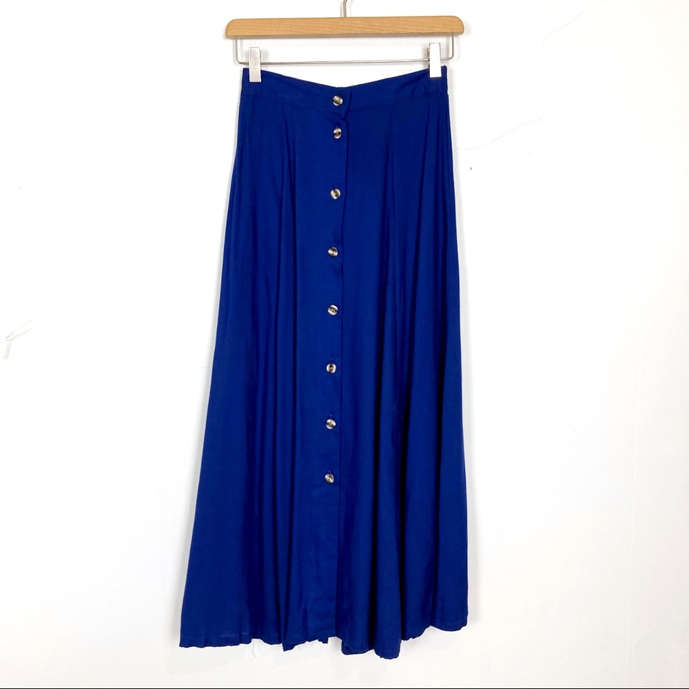 Vintage 90s blue high waisted button front midi full circle a-line skirt small